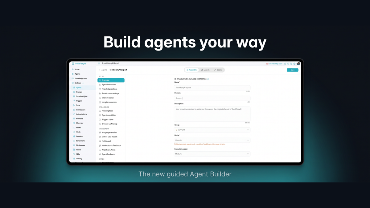Screenshot of the new Agent Builder guided creation flow, showing model and instructions configuration