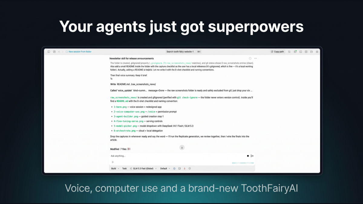 Hero image: a TF Code voice session in action โ a terminal listening to speech beside the redesigned ToothFairyAI app