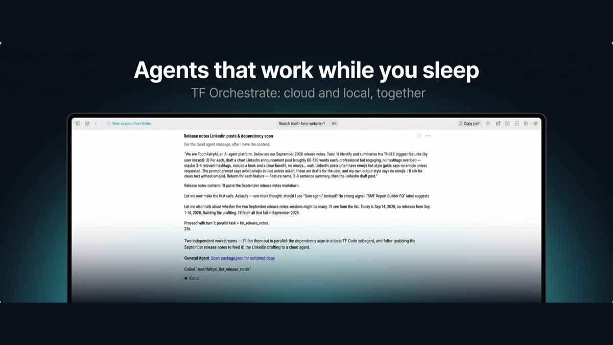 Screenshot of TF Orchestrate delegating a task to a cloud agent and a local agent in parallel