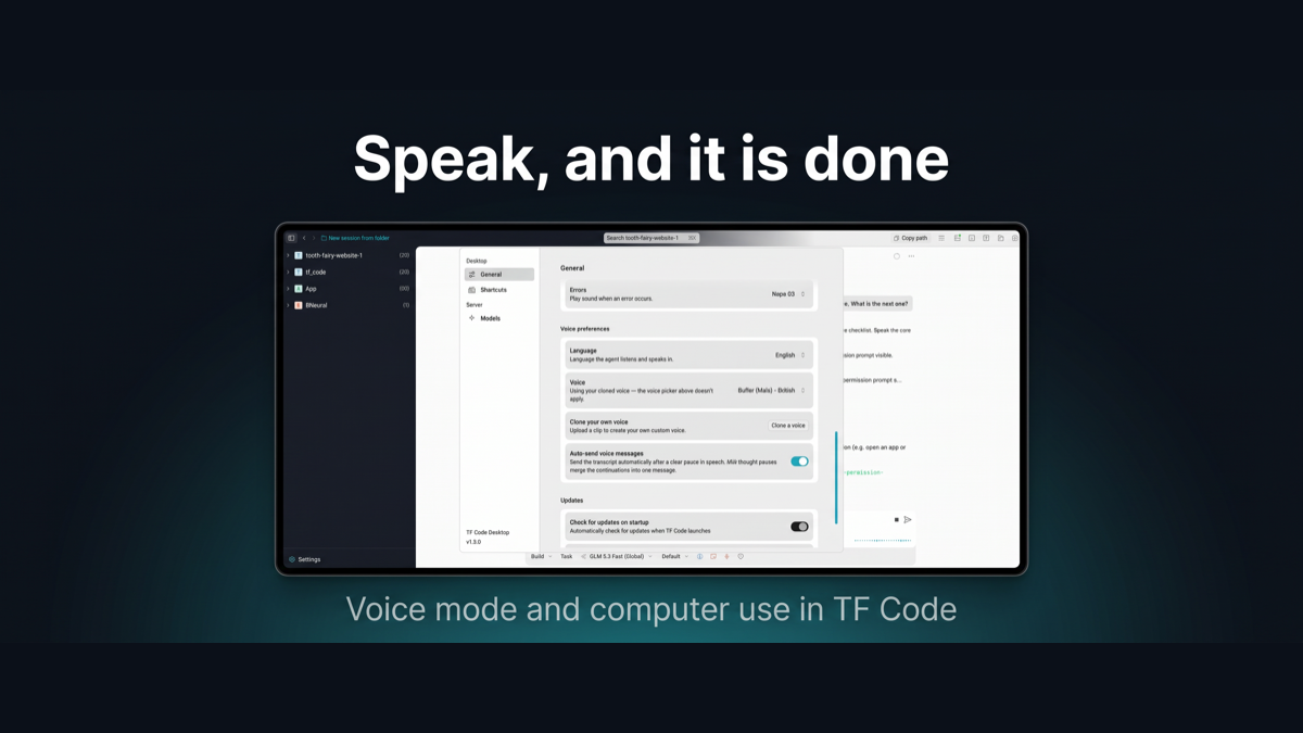 Screenshot of a TF Code voice session in progress, showing the /voice toggle and the computer-use permission prompt side by side
